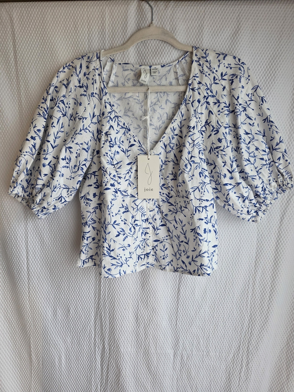 NWT Joie Blue White Floral Linen Blend Puff Sleeve Blouse V-Neck Top Size XS
